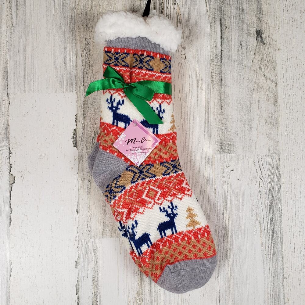 NWT Mari Clare Sherpa Lined Knit Winter Reindeer Design No-Slip Slipper Socks